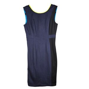 Elie Tahari Sheath Dress 4 Navy Black Neon Yellow Zip Back Colorblock Workwear